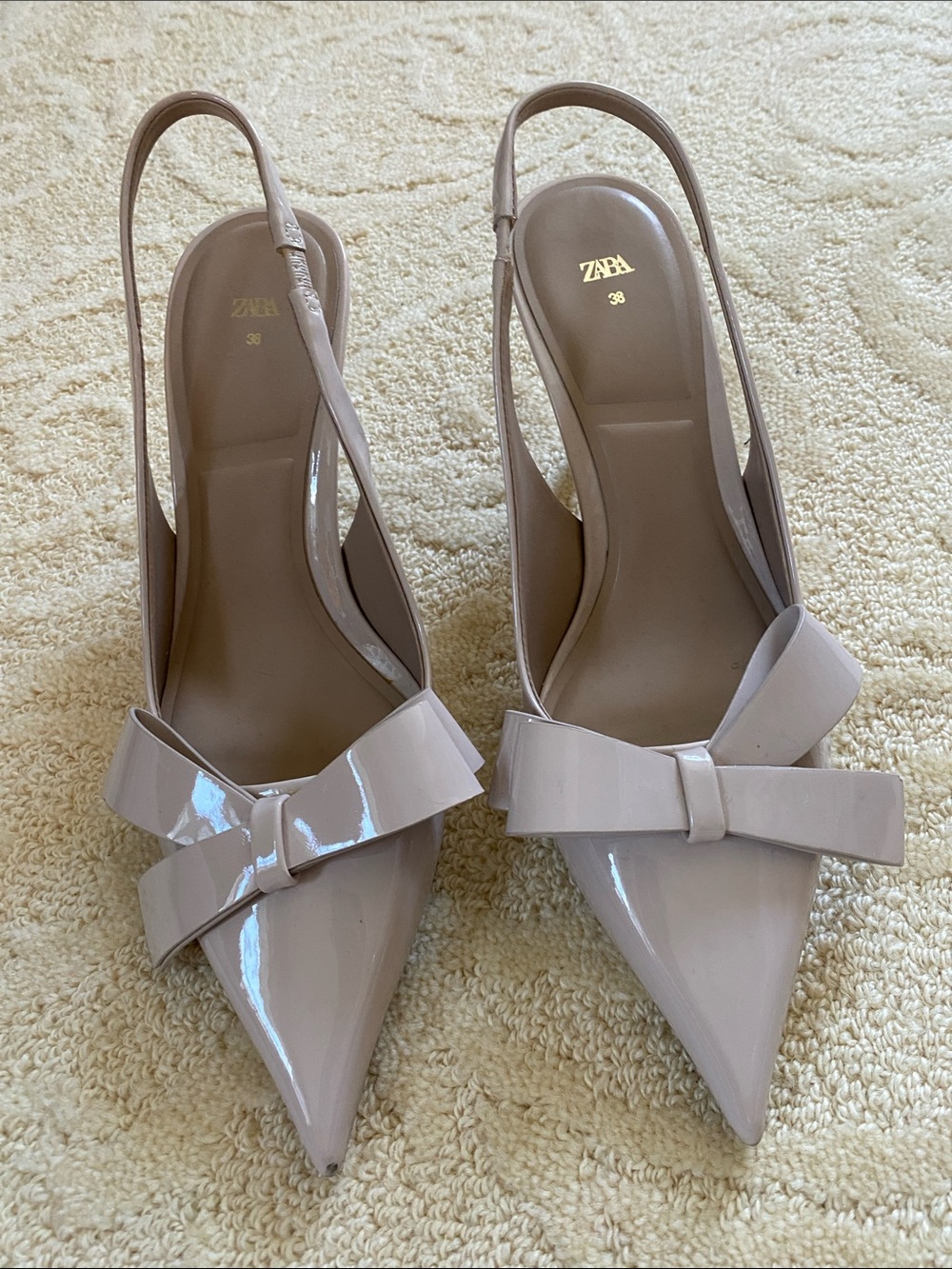 Zara Patent Pointed-Toe Slingback Heels in tan BRAND NEW